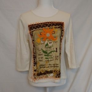 Caribbean Joe Ivory Embroidered 3/4 Sleeve Top